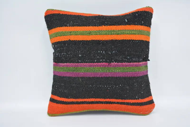 Black & Orange Embroidered Throw Pillow, 12x12 Inch Geometric Cushion - 1