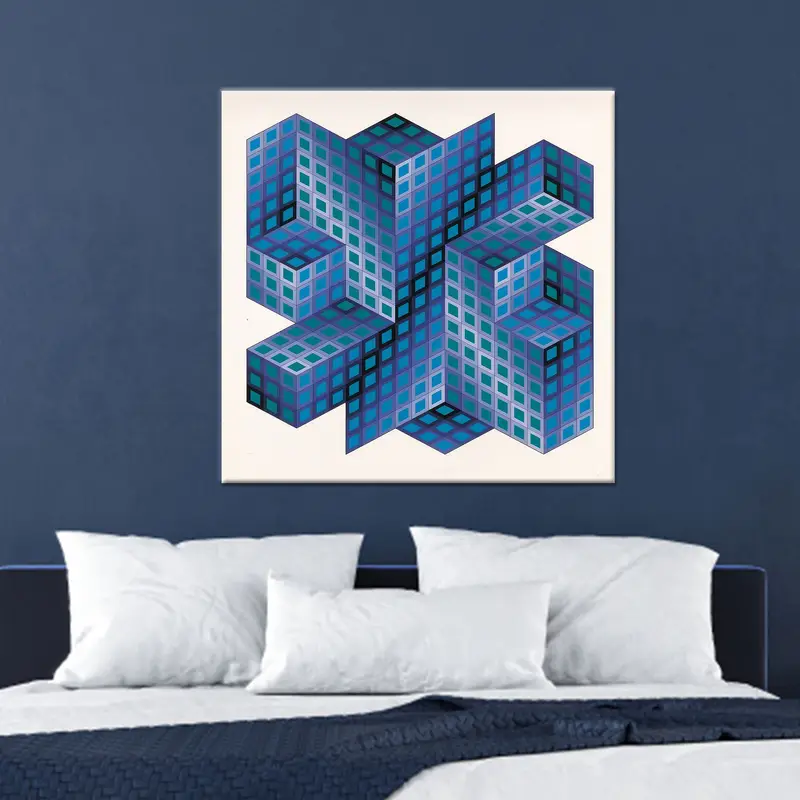 Abstrakte blaue Leinwand: Von Vasarely inspirierte gedruckte Kunst für Ihren Raum