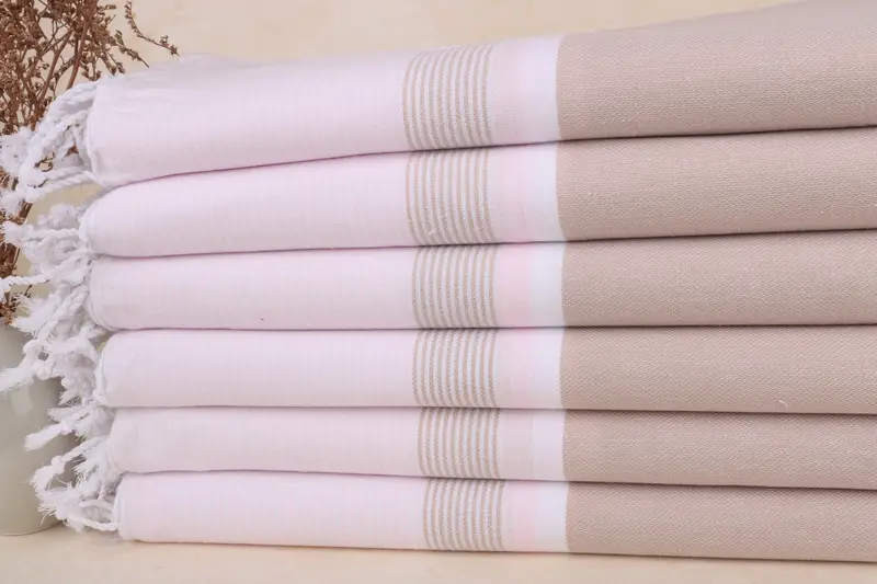 Plaj Havlusu Monogramlı Türk Pamuk Bej-Pembe Çizgili, 40x67 İnç