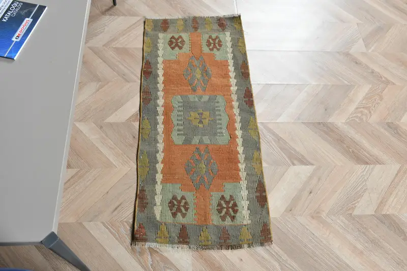 1.5x3.4 ft Small Turkish Vintage Rug, Orange Check Wool Rug - 1
