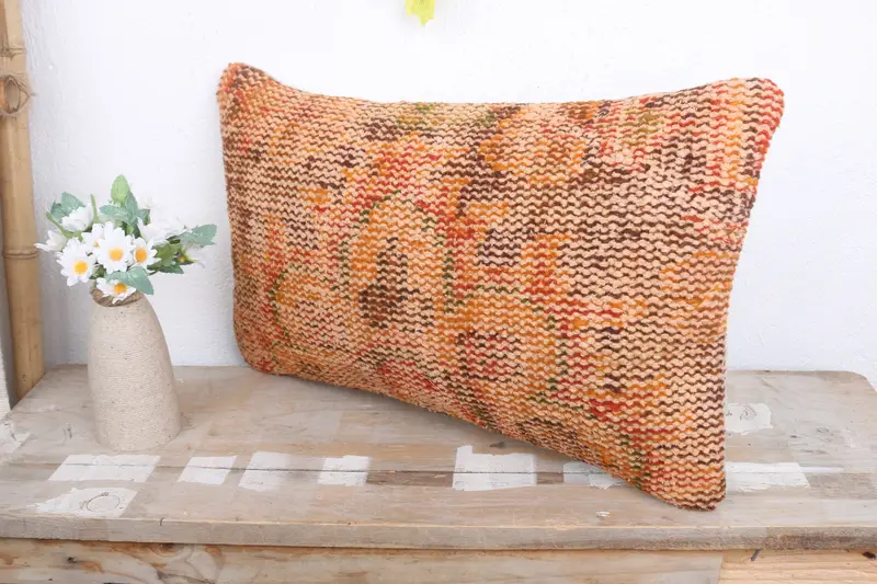 Vintage Kilim Throw Pillow, 12x20 Yellow Cushion Cover, Cushion Case, Anatolian Pillow Case, Boho Pillow Sham Cover, Pillow for Sofa - 4