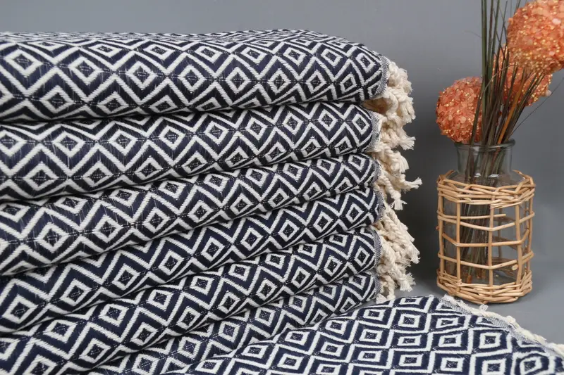 Custom Embroidered Navy Beach Towel, Diamond Pattern, Organic Cotton, 40x71 Inches