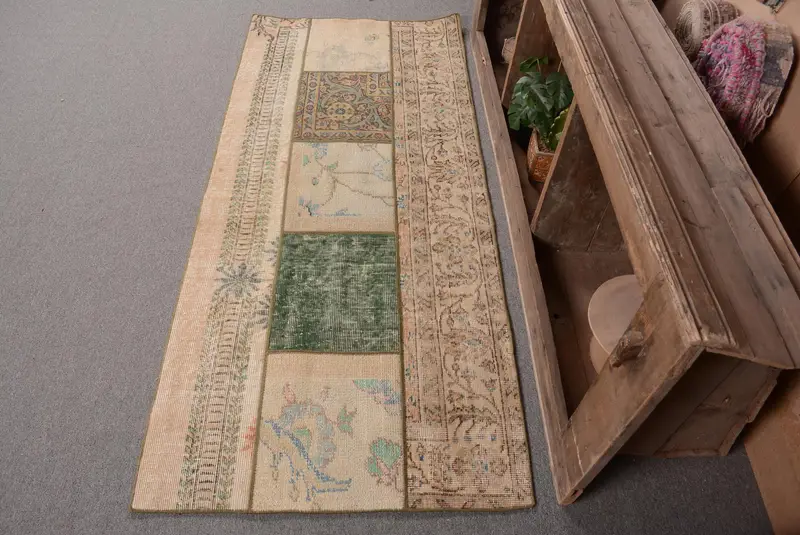 Alfombra Beige Verde 8x1,8m, Estampado Plantas y Árboles