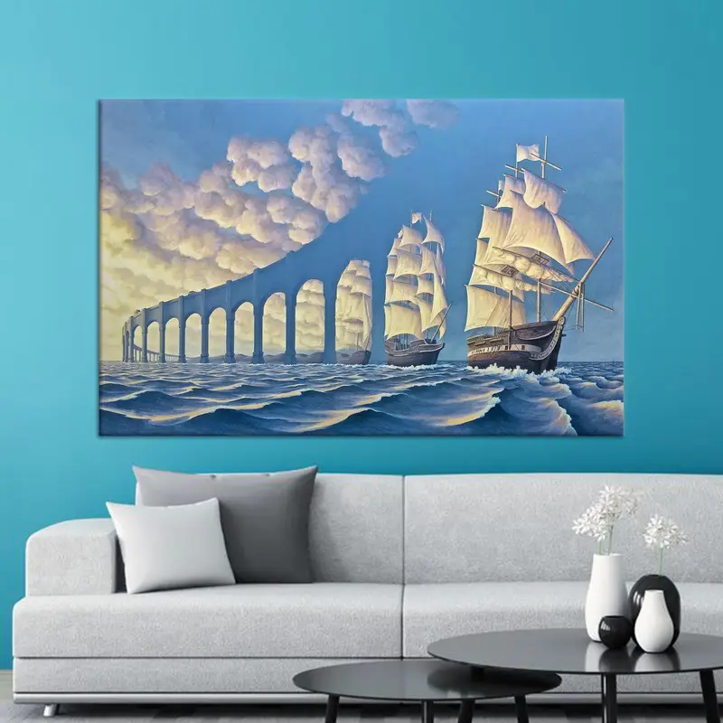 Surreales Meer, abstrakte blaue Leinwand: Schiffsreise-Kunstdruck