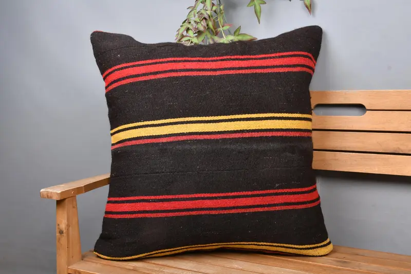 Almohada de tiro de rayas marrones y rojas, cojín bordado vintage