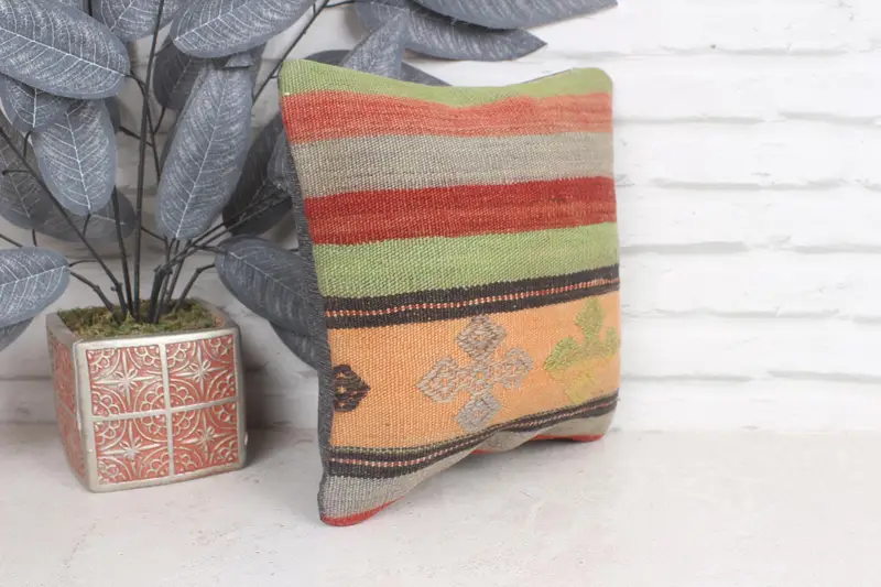Ethnical Kilim Rug Pillow, Cushion Case, Customized Pillow, 12x12 Green Cushion, Handmade Kilim Cushion, Interior Designer Pillow - 4