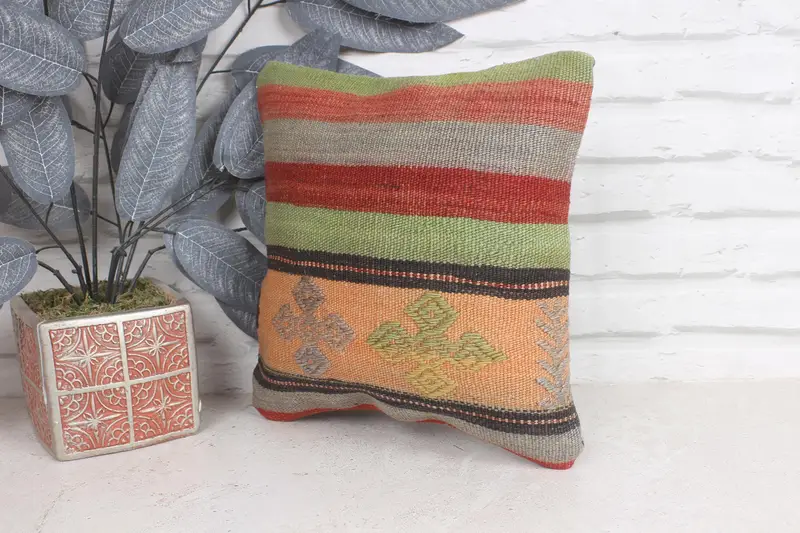 Ethnical Kilim Rug Pillow, Cushion Case, Customized Pillow, 12x12 Green Cushion, Handmade Kilim Cushion, Interior Designer Pillow - 3