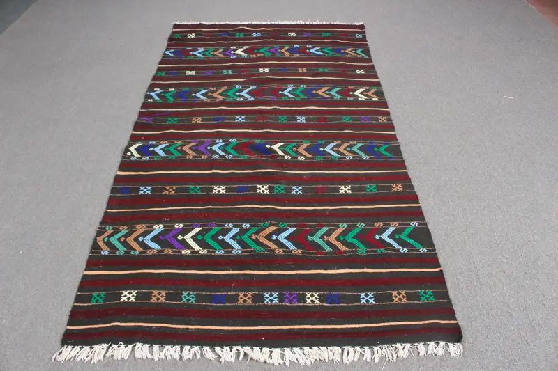 Vintage 4.1x8 ft Rug, Turkish Area Rug, Brown Solid Rug - 1