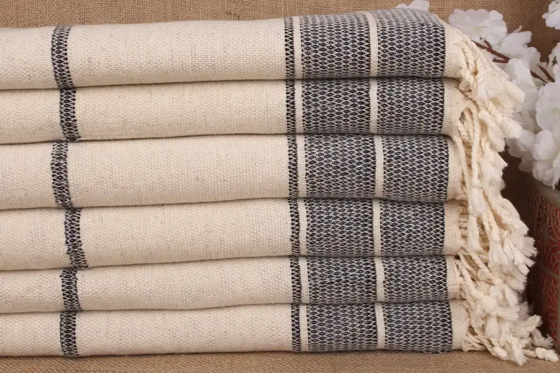 Personalized Navy Linen Beach Towel with Beige, 36x71 Inches