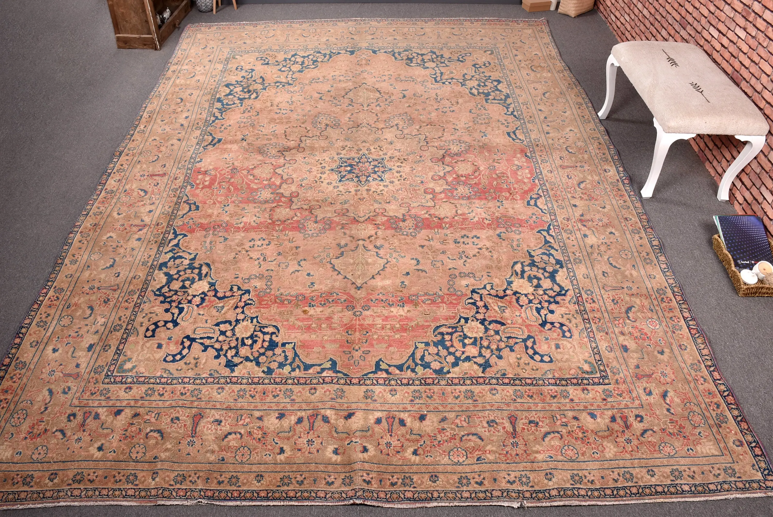 9.5x13.3 ft Vintage Rug, Blue Floral Turkish Rug Wool - 1