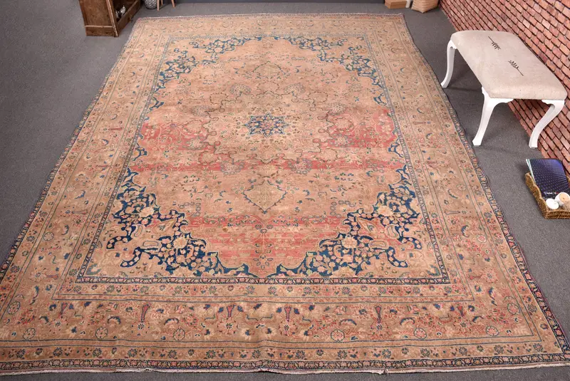 Elegant Pink & Blue Rug, 9.5x13.3 ft Floral & Geometric