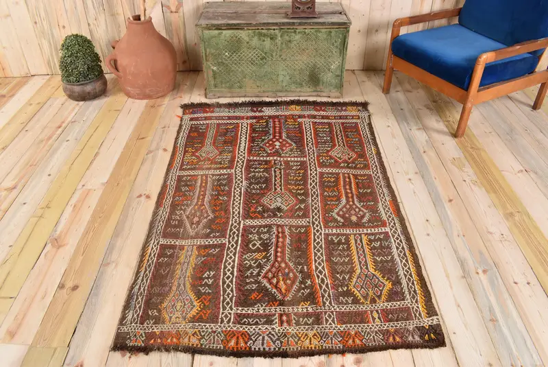 Kahverengi Soyut Halı, Mor Desenli 3,7x5,6 ft