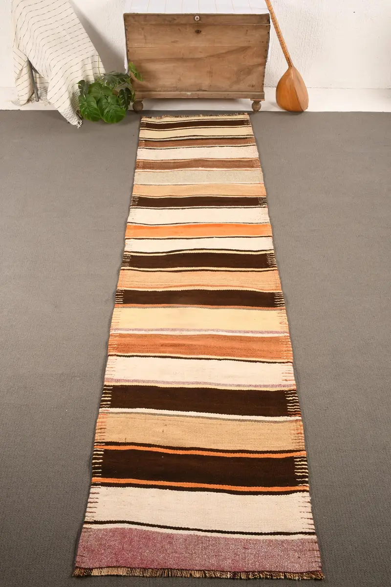 Vintage Turkish Rug 2.7x11 ft (81x334 cm), Kilim Brown Wool Rug - 1