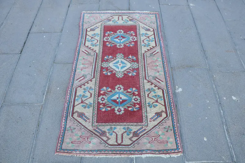 2.4x4.3 ft Vintage Small Rug, Red Blue Turkish Bordered Wool Rug - 1