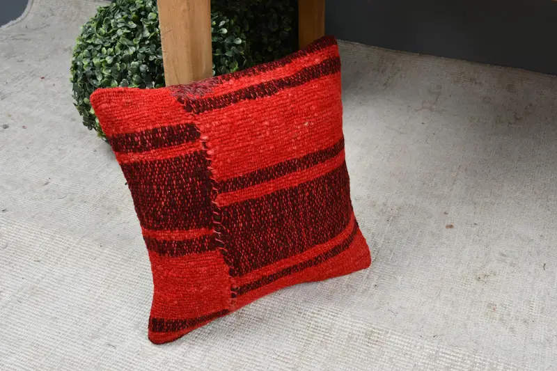 Ethnical Kilim Rug Pillow, Turkish Pillow, Handmade Rug Seat Pillow, Pillow, 12x12 Red Pillow Case, Car Pillow Case, Boho Pillow Sham Cover - 7