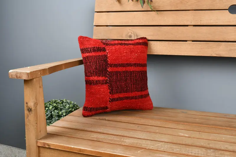 Ethnical Kilim Rug Pillow, Turkish Pillow, Handmade Rug Seat Pillow, Pillow, 12x12 Red Pillow Case, Car Pillow Case, Boho Pillow Sham Cover - 1