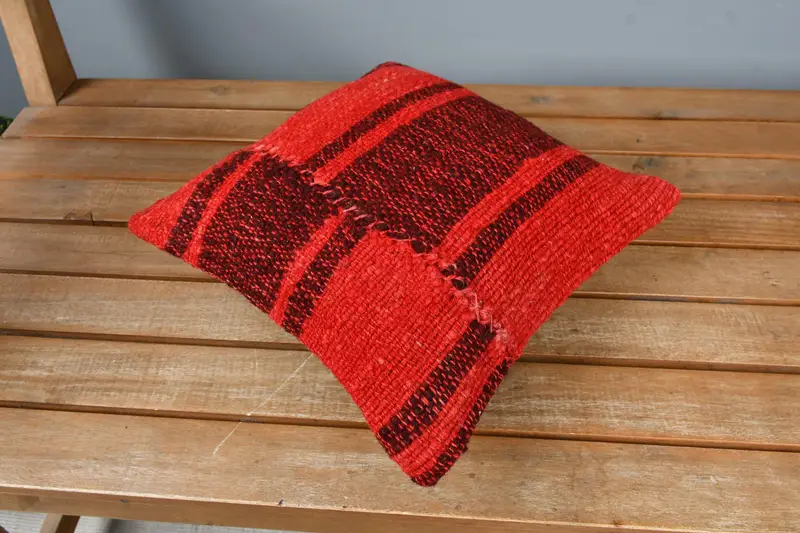 Ethnical Kilim Rug Pillow, Turkish Pillow, Handmade Rug Seat Pillow, Pillow, 12x12 Red Pillow Case, Car Pillow Case, Boho Pillow Sham Cover - 2