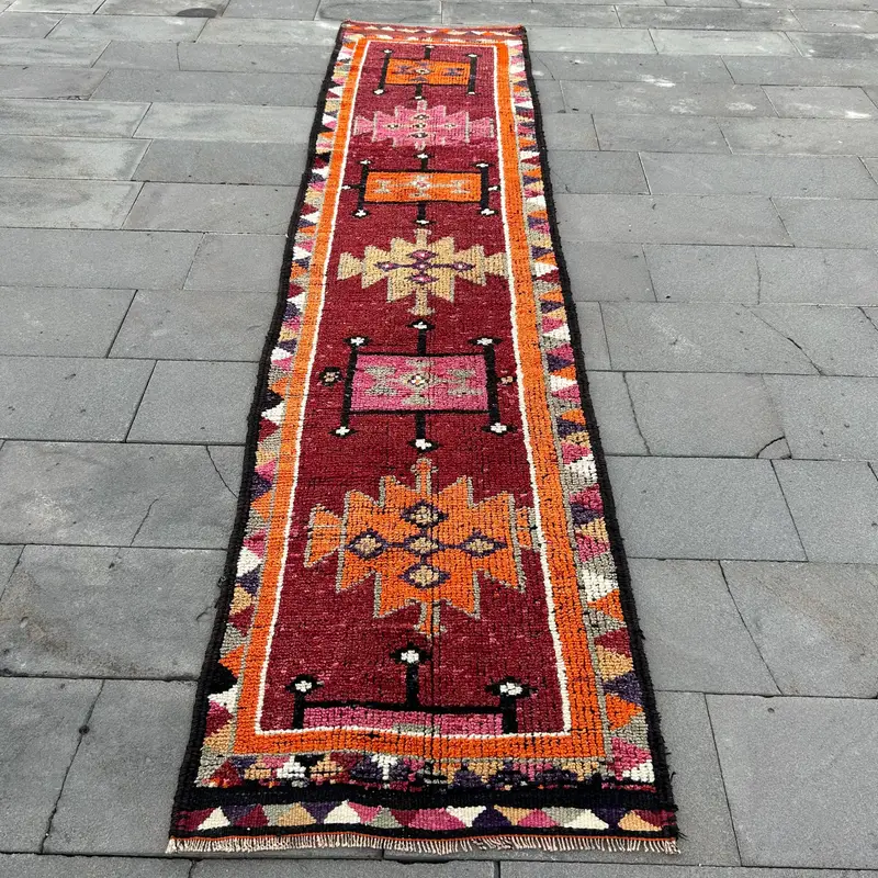 2.8x11.6 ft Rug, Turkish Vintage Rug, Red Herki Wool Rug - 1