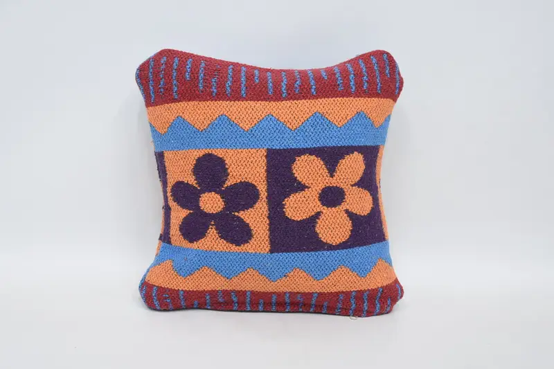 Turkish Kilim Pillow, Handmade Kilim Cushion, Turkish Pillow, Bolster Throw Pillow Cover, Pillow Case, 12x12 Orange Pillow Case, Aesthetic Pillow - 1