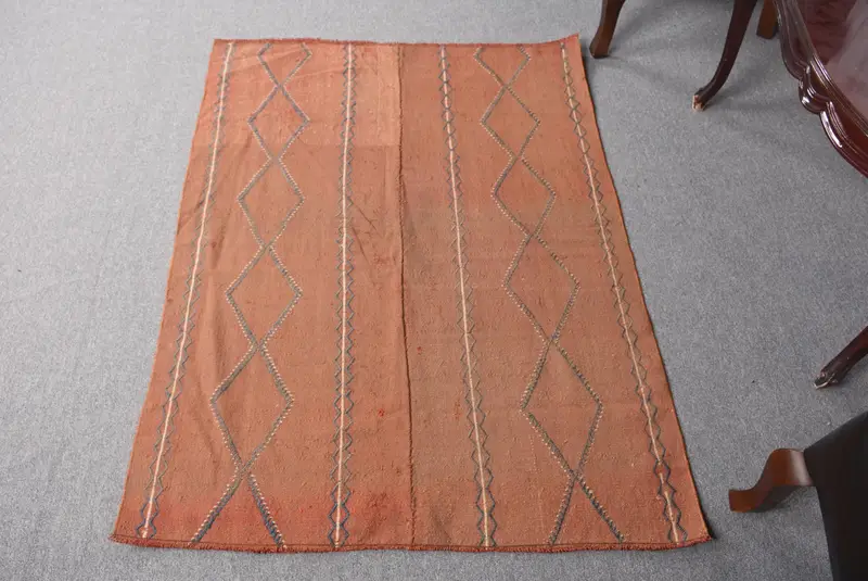 Alfombra Hecha a Mano Marrón y Azul, 3,4x4,5 ft Rayas Geométricas