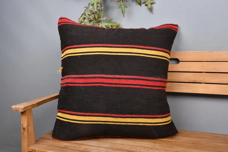 Brown & Yellow Striped Throw Pillow, Embroidered Vintage Cushion
