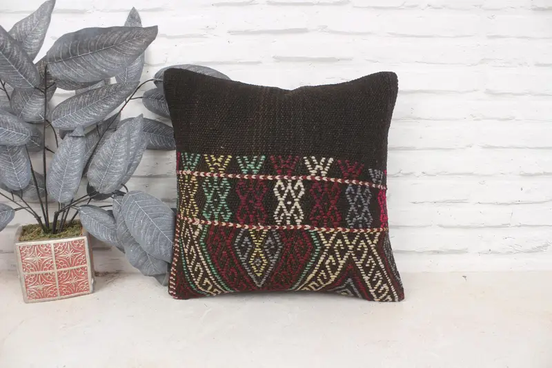 Turkish Pillow, Kilim Pillow Cover, Pillow, Neutral Pillow Case, Kilim Cushion Sham, Turkish Rugs Cushion, Natural Pillow Sham, 16x16 Red Pillow - 1
