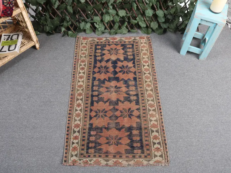 Blue Ombré Rug, 1.9x3.1 ft with Orange Accents