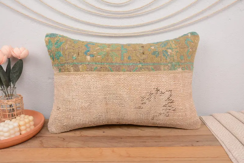Red & Green Embroidered Throw Pillow, 16x24 Inches Handmade Patchwork Cushion - 2