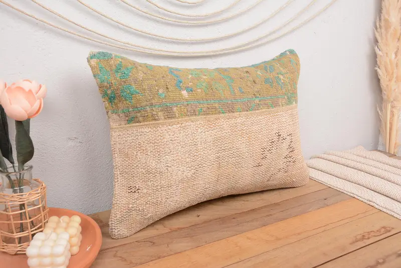 Red & Green Embroidered Throw Pillow, 16x24 Inches Handmade Patchwork Cushion - 1
