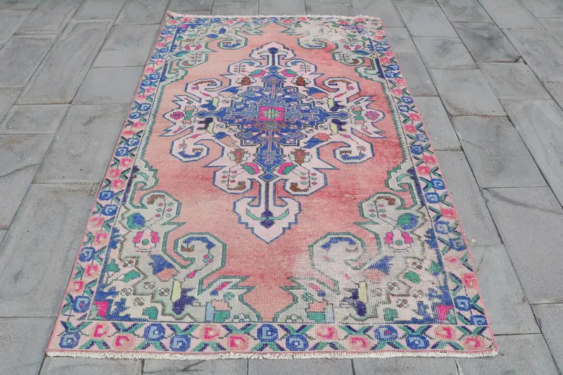 Turkish 4.4x7 ft Area Rug, Vintage Rug, Oushak Pink Camouflage Rug - 1