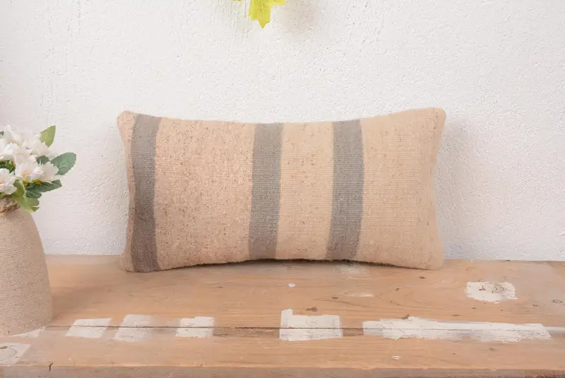 Beige & Gray Striped Throw Pillow, Embroidered Vintage Linen Pillow