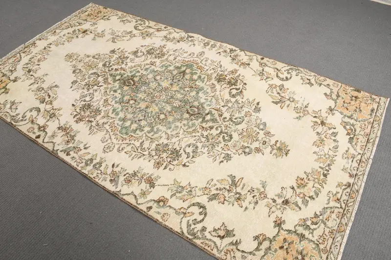 4.2x7.8 ft Oushak Turkish Rug, Green Camouflage Vintage Rug Wool - 1