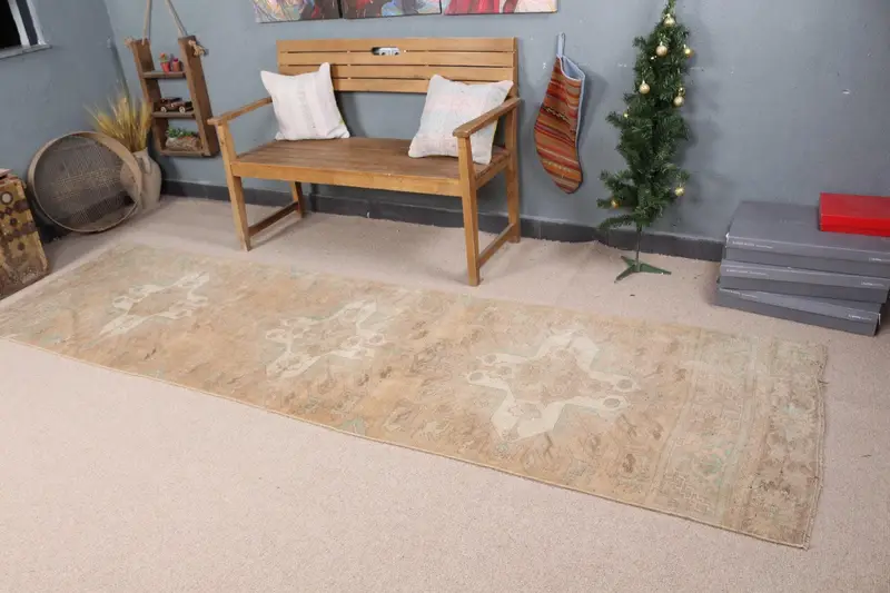 Kahverengi, Yeşil Halı 3,1x10,7 ft, Düz Desenli