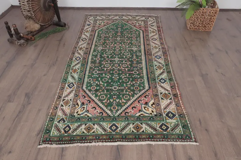Vintage Türk Alan Halısı 3.6x6.9 ft, Oushak Yeşil Yün Halı - 1