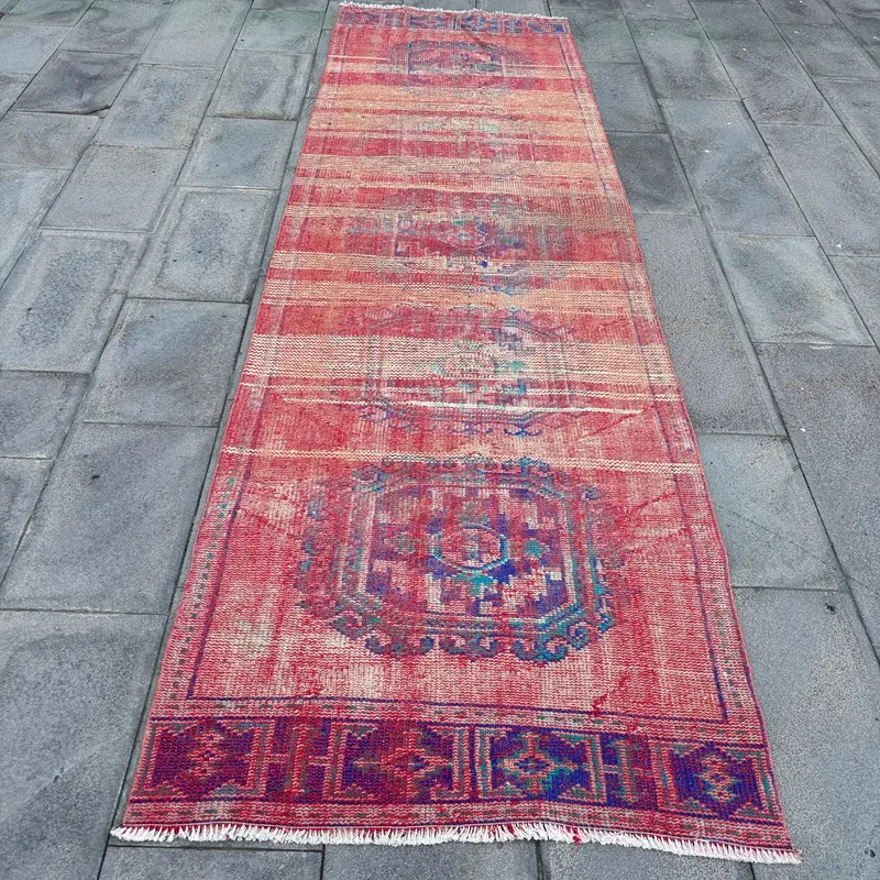 Vintage Rug, Runner 3.2x10.8 ft Rug, Oushak Red Rug - 1