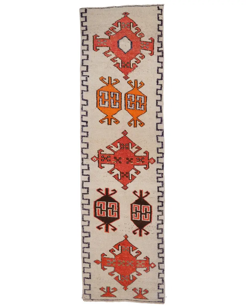 Zarif Bej ve Kırmızı Halı, 3,3x11,8 ft Çizgili Tasarım