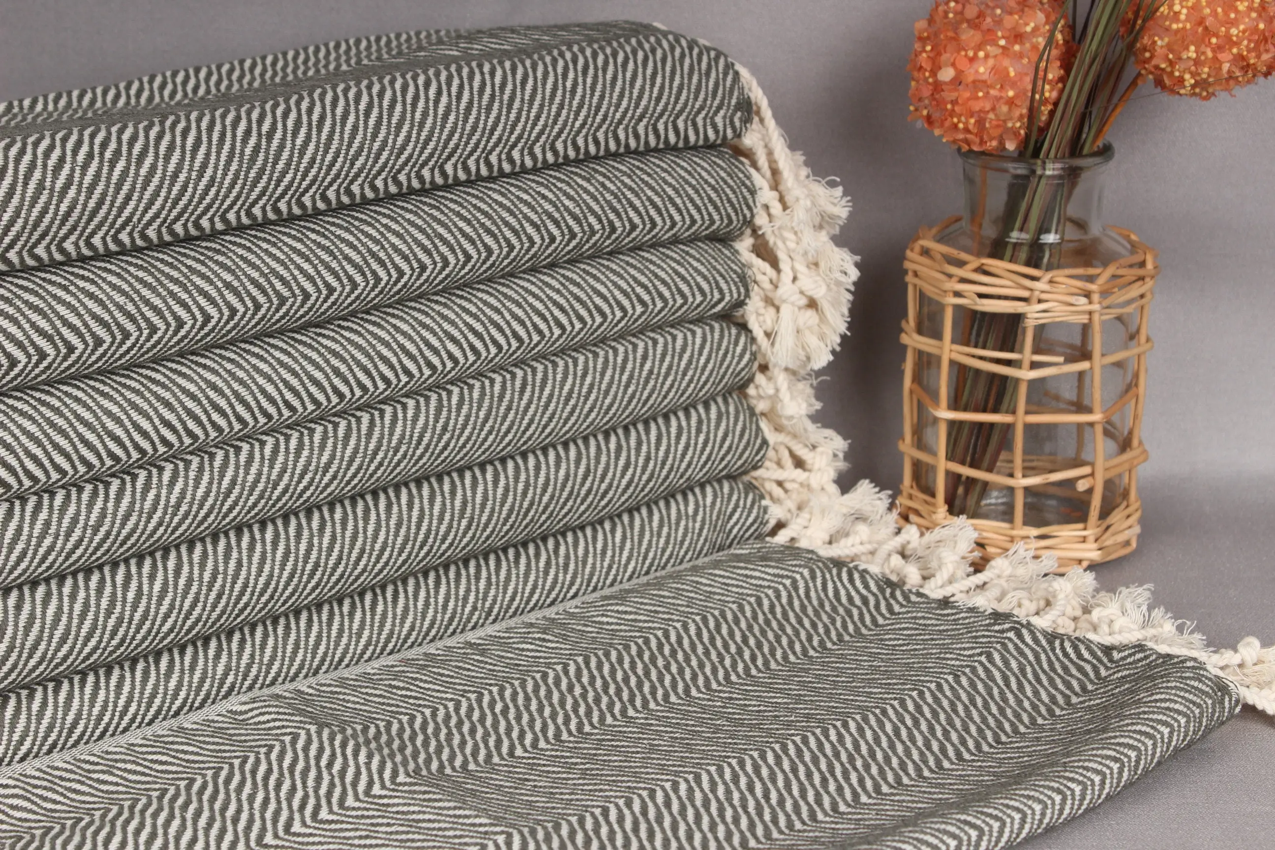 Coffee Tea Towel, Khaki Green Chevron Towel, Organic Cotton, 20x40 Inches - 1