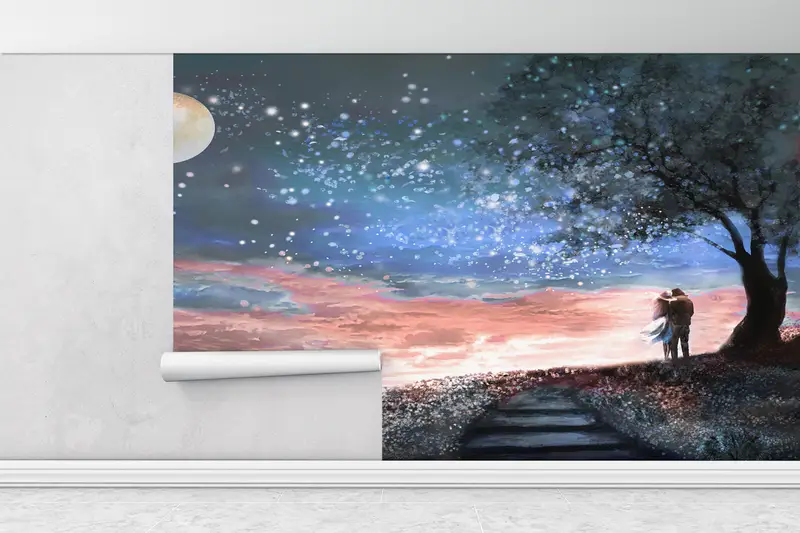 Couple Wall Mural, View Wall Painting, Sky Landscape Wallpaper, Couple Gift Wall Poster, Moon Wall Poster, Lover Wall Paper, - 1