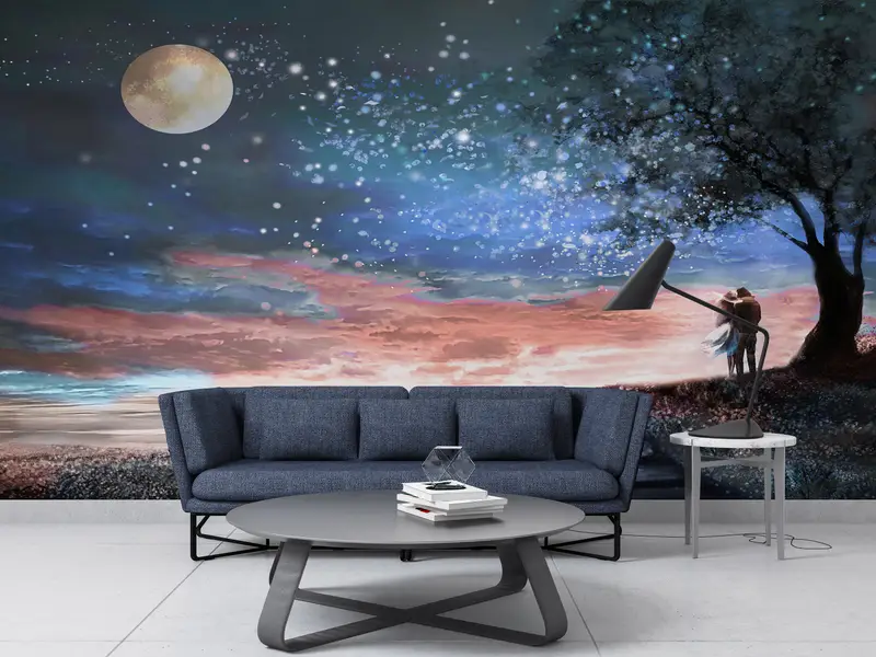 Couple Wall Mural, View Wall Painting, Sky Landscape Wallpaper, Couple Gift Wall Poster, Moon Wall Poster, Lover Wall Paper, - 7