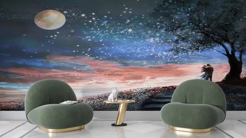 Couple Wall Mural, View Wall Painting, Sky Landscape Wallpaper, Couple Gift Wall Poster, Moon Wall Poster, Lover Wall Paper, - 6