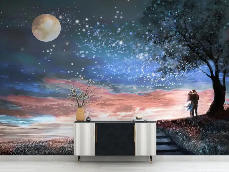 Couple Wall Mural, View Wall Painting, Sky Landscape Wallpaper, Couple Gift Wall Poster, Moon Wall Poster, Lover Wall Paper, - 5