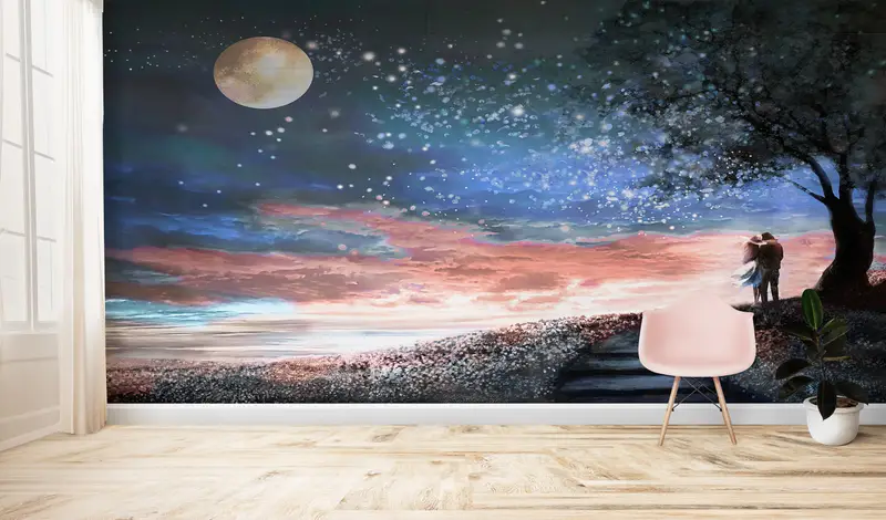 Couple Wall Mural, View Wall Painting, Sky Landscape Wallpaper, Couple Gift Wall Poster, Moon Wall Poster, Lover Wall Paper, - 3