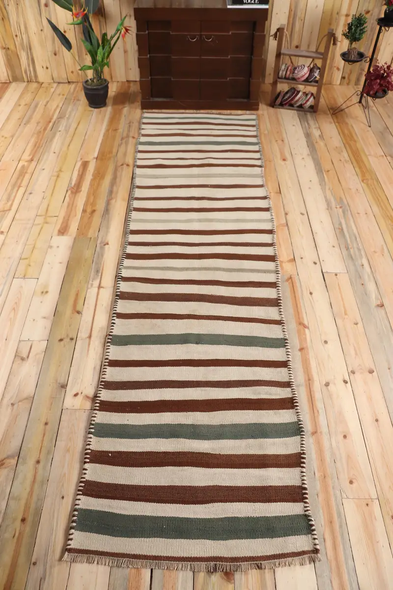 Türkischer Teppich, Läufer 3x11,2 ft Vintage Teppich, braun umrandeter Wollteppich - 1