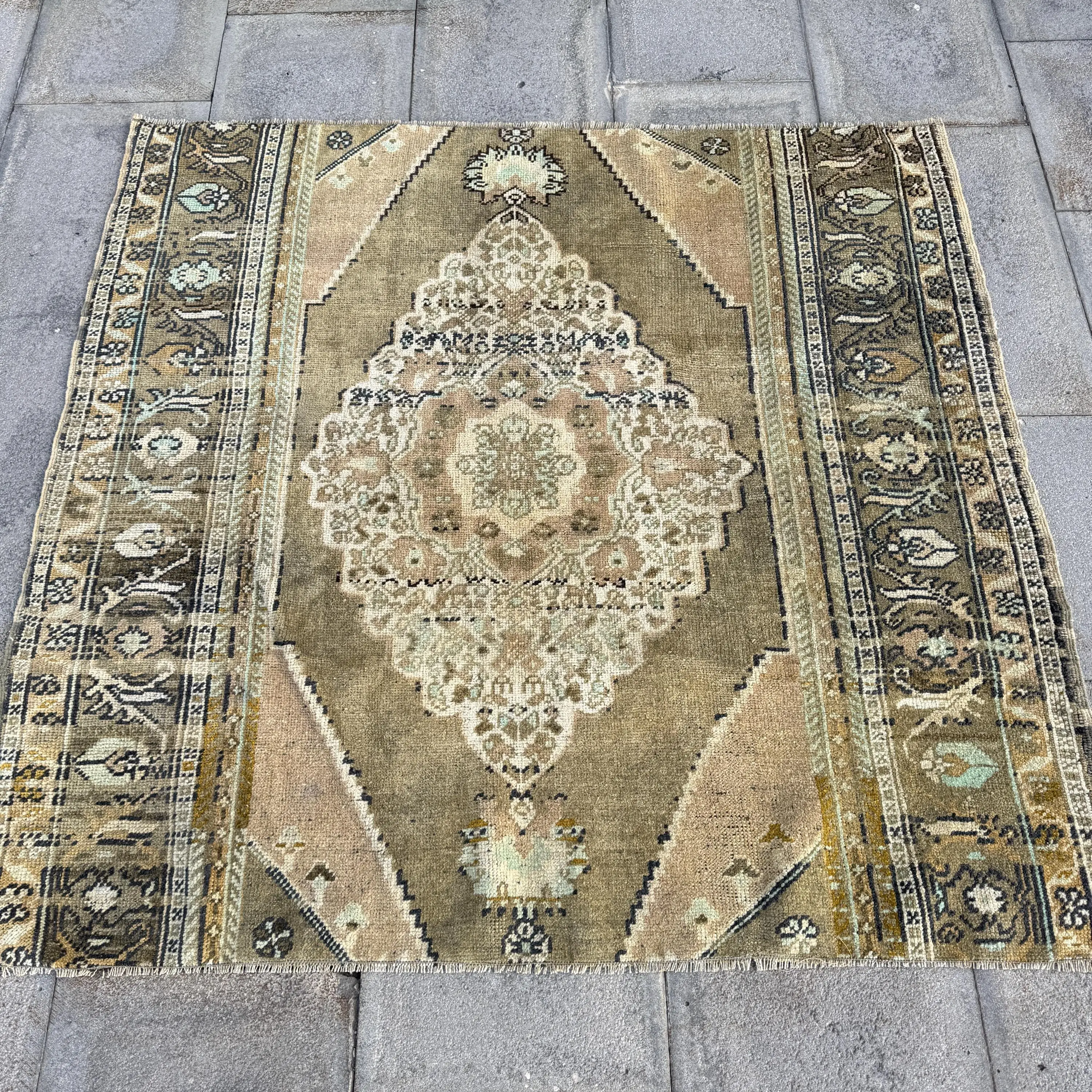 Vintage Turkish Small Rug 3.9x3.7 ft, Brown Moroccan Rug Wool - 1