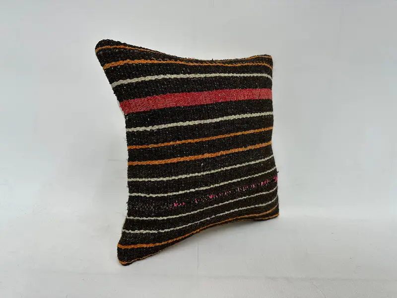 Brown & Beige Striped Throw Pillow, 14x14 Inch Handmade Cushion - 3