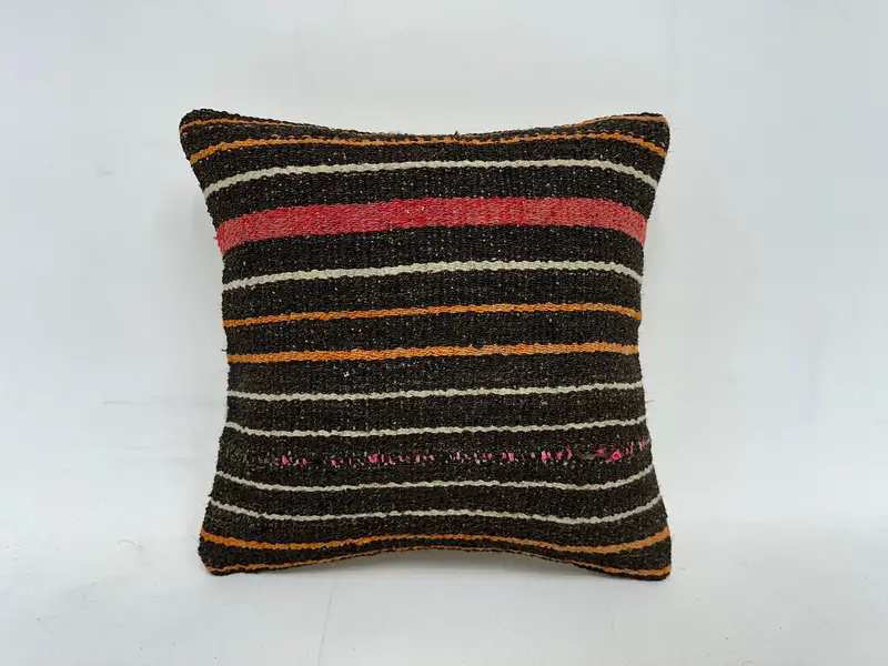 Brown & Beige Striped Throw Pillow, 14x14 Inch Handmade Cushion - 1