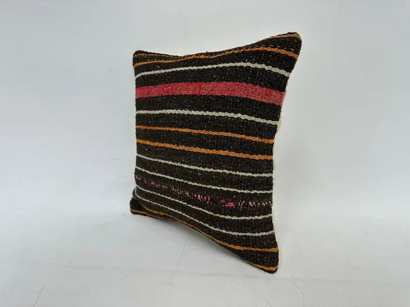Brown & Beige Striped Throw Pillow, 14x14 Inch Handmade Cushion - 4