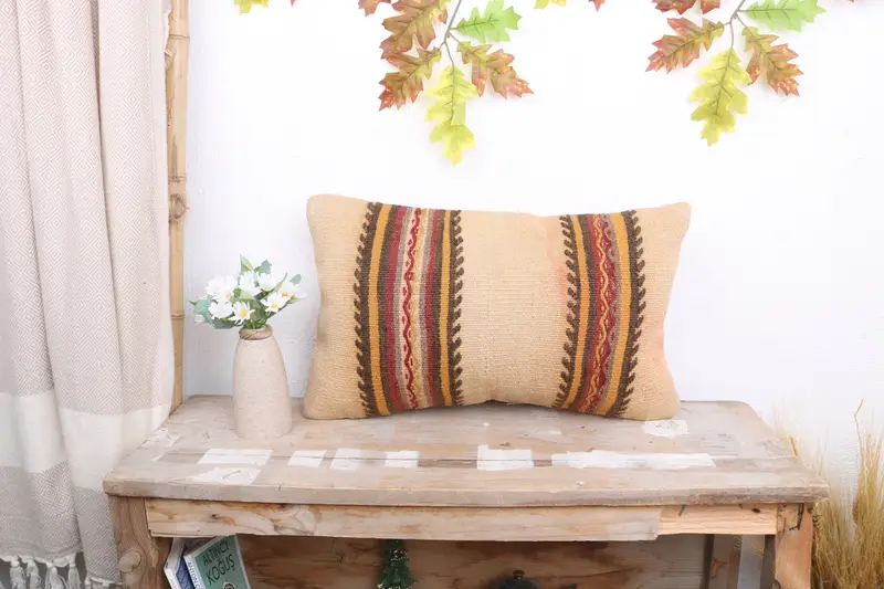 Cushion Cover, Antique Pillows, 12x20 Beige Pillow Cover, Ottoman Pillow Sham, Boho Pillow, Cozy Throw Pillow, Cotton Cushion Case, Pillow for Sofa - 1