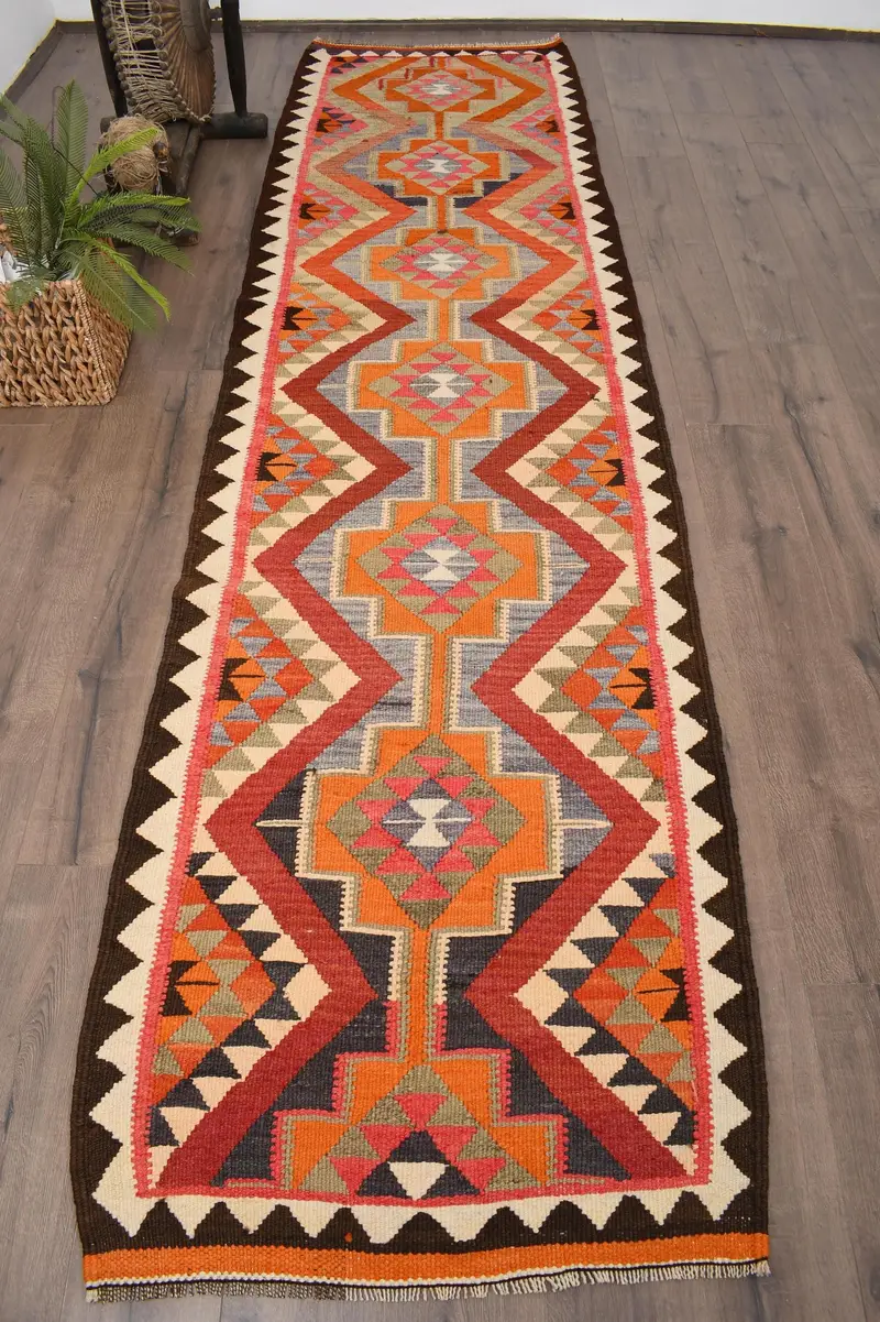 Vintage Rug, 3x11.6 ft Runner Rug, Red Orange Kilim Wool Rug - 1
