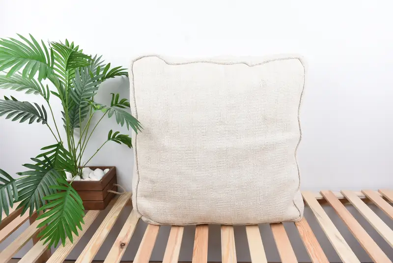 Handmade Turkish Kilim Pouf, White Wool Rectangular Pouf